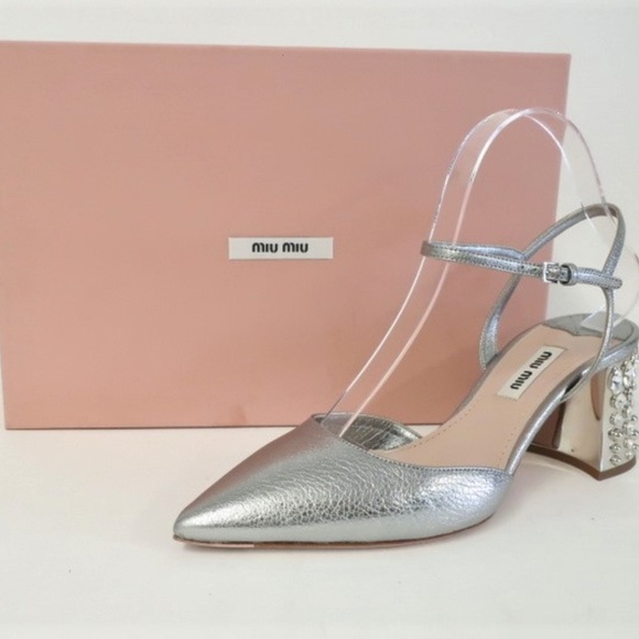 Miu Miu Shoes - Miu Miu Crystal-Heel Pump Silver Metallic Leather
